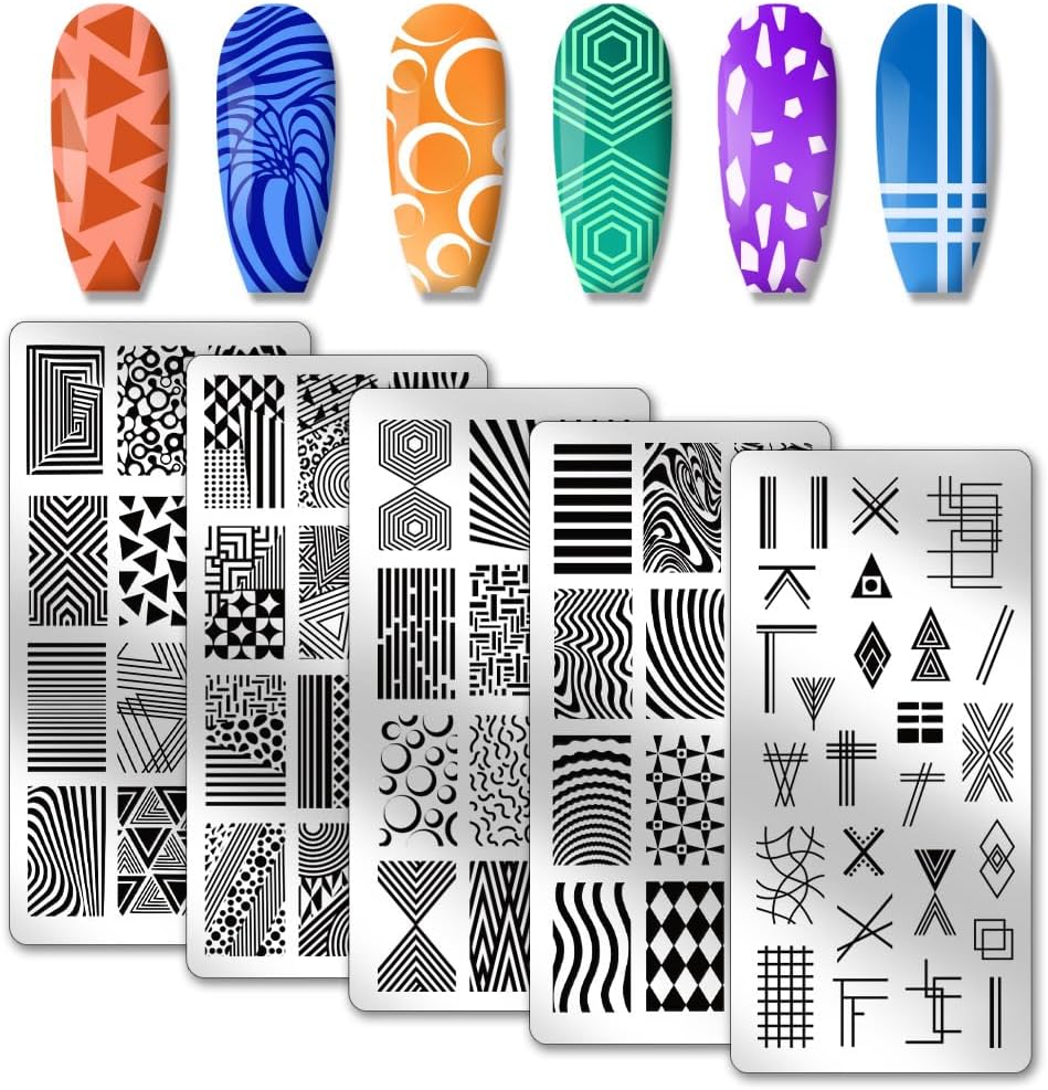 PH PandaHall 5pcs Nail Art Stamping Plate, Abstract Geometric Texture Nail Stamper Line Pattern Nail Stamping Plate Print Nail Stencils Stainless Steel Nail Image Plates for Nail Art Design