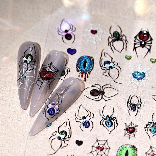 5D Embossed Spider Nail Art Stickers Halloween Nail Stickers Sparkling Eyes Spider Web Nail Decals Gothic Design Manicure Decoration for Women Girls Holiday Nail Supplies 1 Sheets