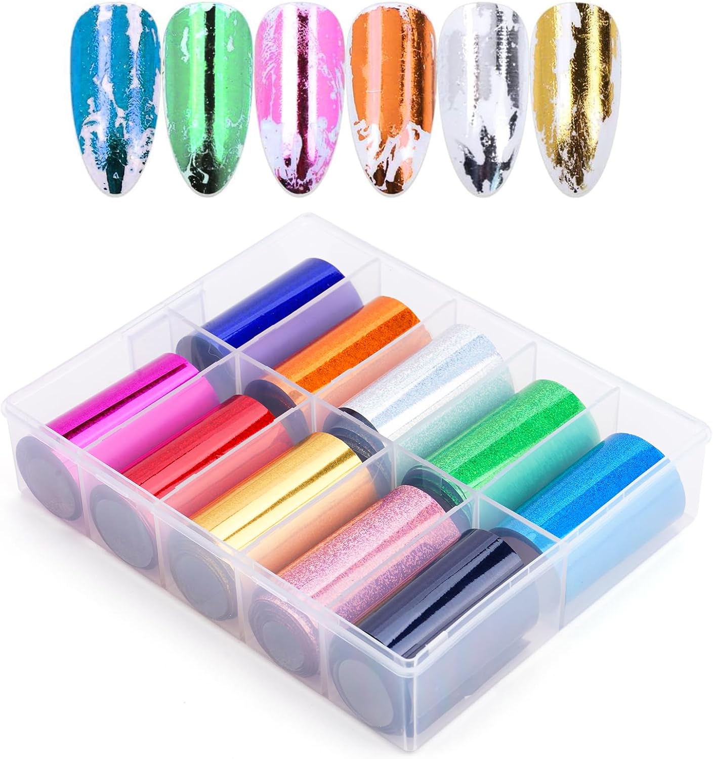 10 Sheets Holographic Nail Art Foil Transfer Stickers - Metallic Color Print Nail Decals 3D Self-Adhesive Stickers DIY Manicure Decoration Kit