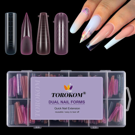 TOROKOM Dual Nail Forms for Poly Nail Gel, 4 Shapes Colorful Structure Poly Nail Gel Stiletto Square Nail Molds for Builder Gel Poly Extension Gel Nail Art Design Salon&DIY, 96 PCS