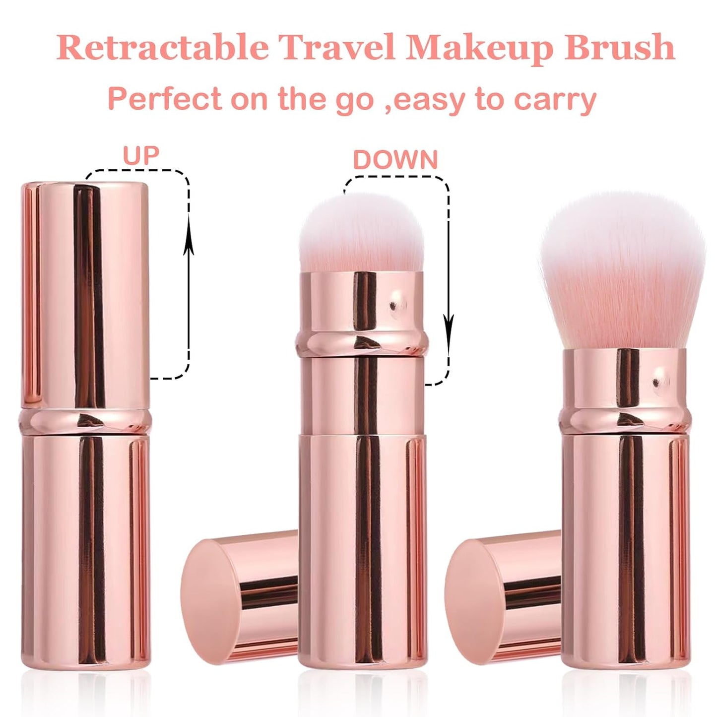 Retractable Makeup Brush 2 Pack, Travel Kabuki Powder Makeup Brush, Foundation Face Blush Brushes for Blending Liquid, Blush, Bronzer, Buffing, Sunscreen,Flawless Cosmetics