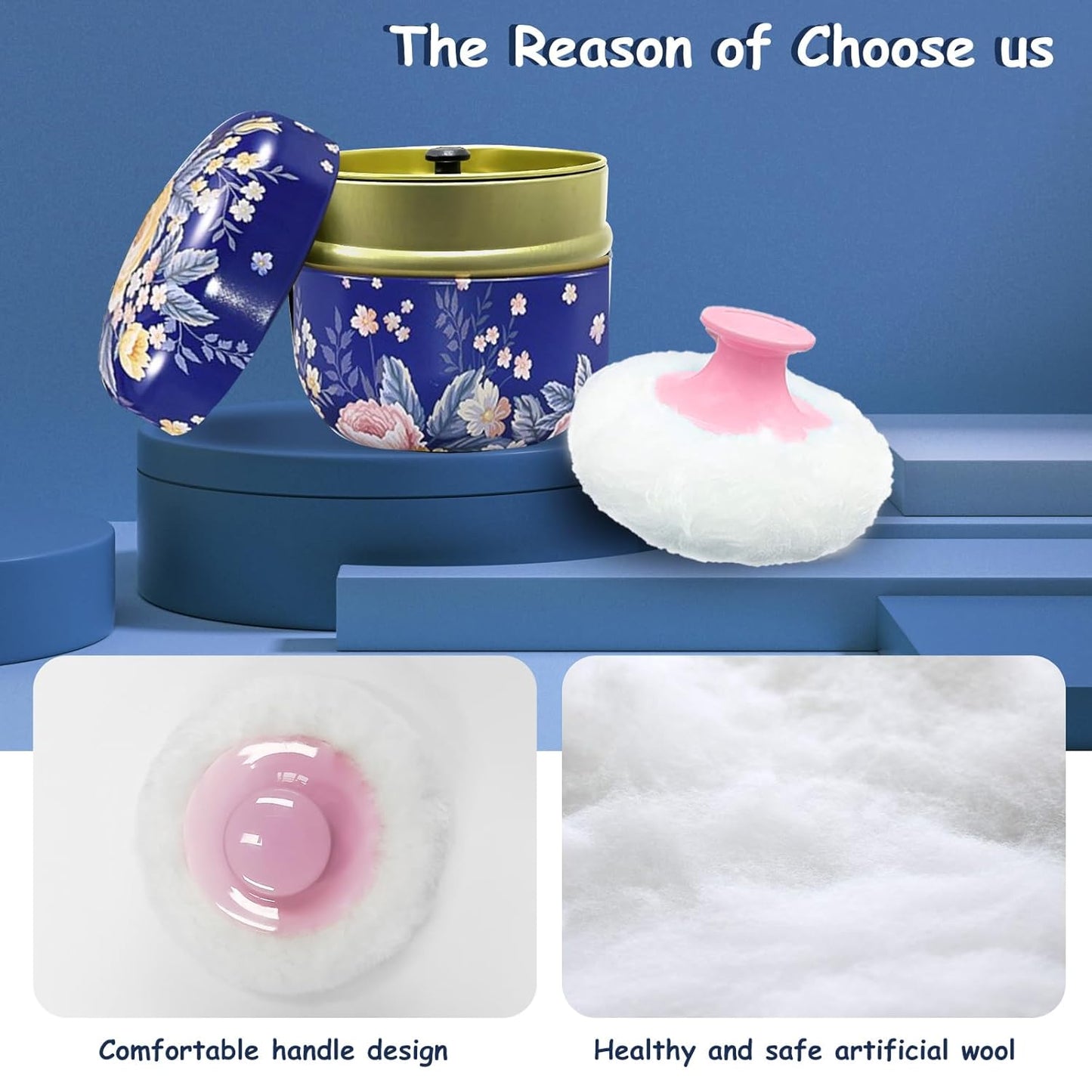 Body Powder Puff and Container for Dusting Powder, Women Powder Puff and Powder Case for Bath and Travel (Dark Blue)