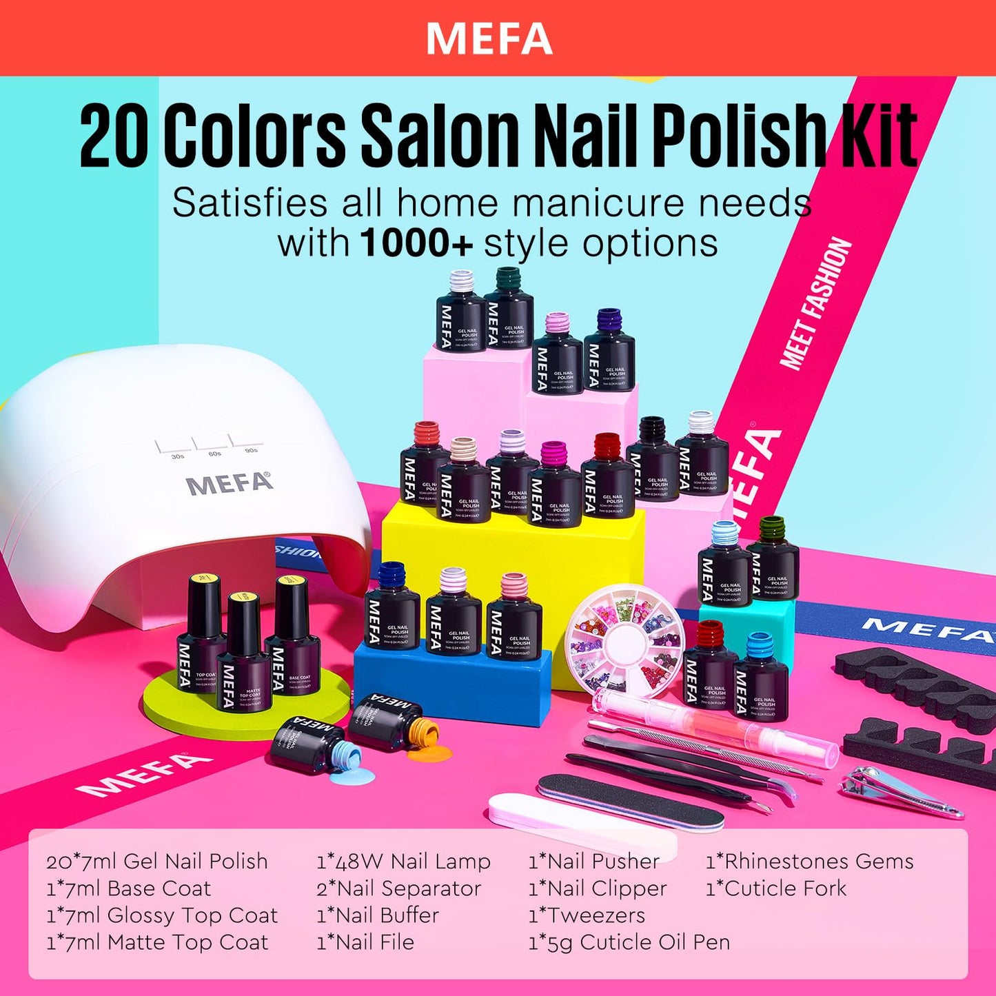 MEFA 34 Pcs Gel Nail Polish Kit with U V Light, 20 Colors All Seasons Soak Off Gel Polish Nail Set with Matte/Glossy Base Top Coat Essential Manicure Tools Nails Art DIY Salon Home