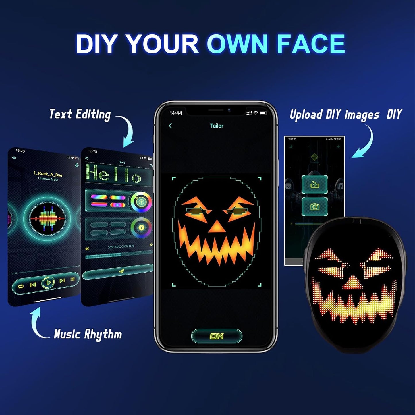 Face Transforming LED Mask with Bluetooth Programmable - LED Light Up Halloween Mask Digital Luminous Mask for Costume