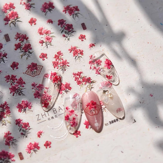 Spring Summer Nail Art Stickers 5D Self Adhesive Nail Decals Red Flower Nail Stickers for Nail Art Embossed Nails Design Floral Nails Supplies for DIY Manicure Decoration for Women Girls