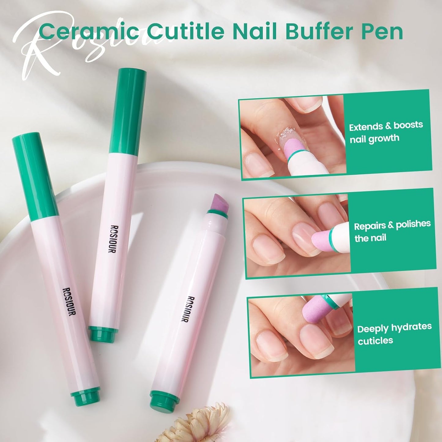 Ceramic Cuticle Oil Pusher Pen: 2PCS Nail Cuticle Buffer Pens for Hangnails, Dry & Damaged Nails, Moisturize Strengthen Brighten Nails