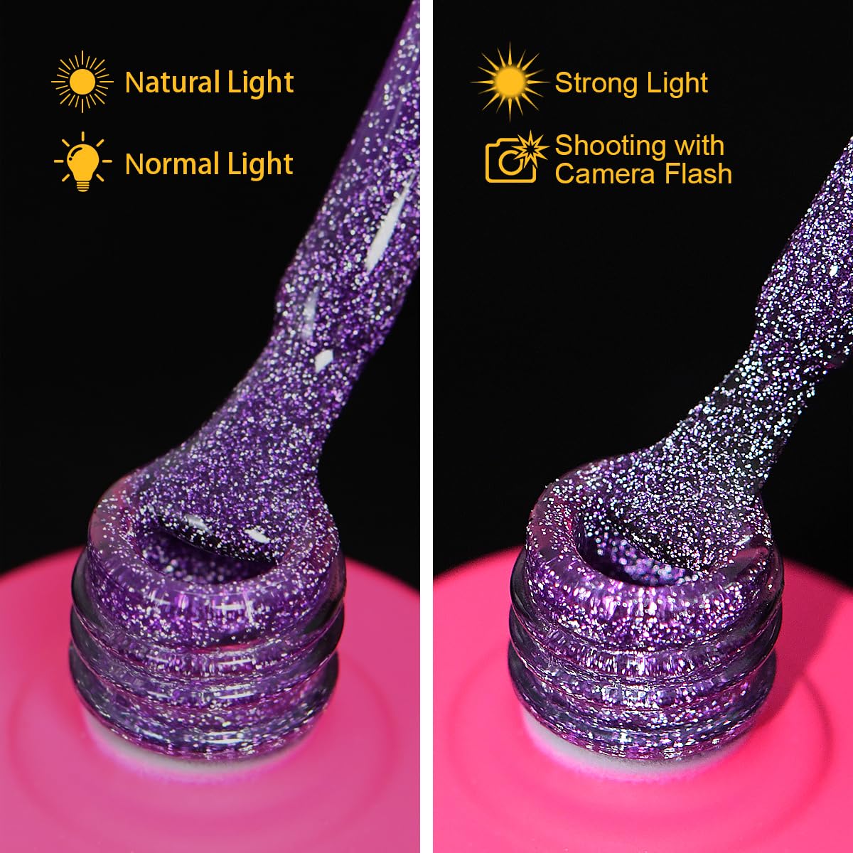 Reflective Glitter Gel Nail Polish, HEMA HPMA TPO Free, Purple Flash Diamond Shimmer, Need UV Lamp Long Lasting Salon Perfect Gel Nail 15ML for Women (Dia-005)