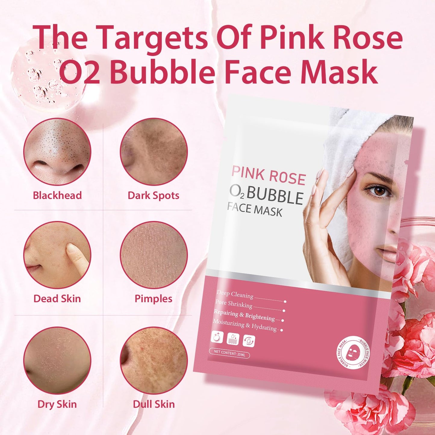 Pack of 10 Pink Rose O2 Bubble Face Masks Skincare, Spa Presents for Women, Bubble Face Sheet Mask Cleaner Foaming Purifying Facial Mask for Acne and Pores Moisturizing Beauty Sheet Masks