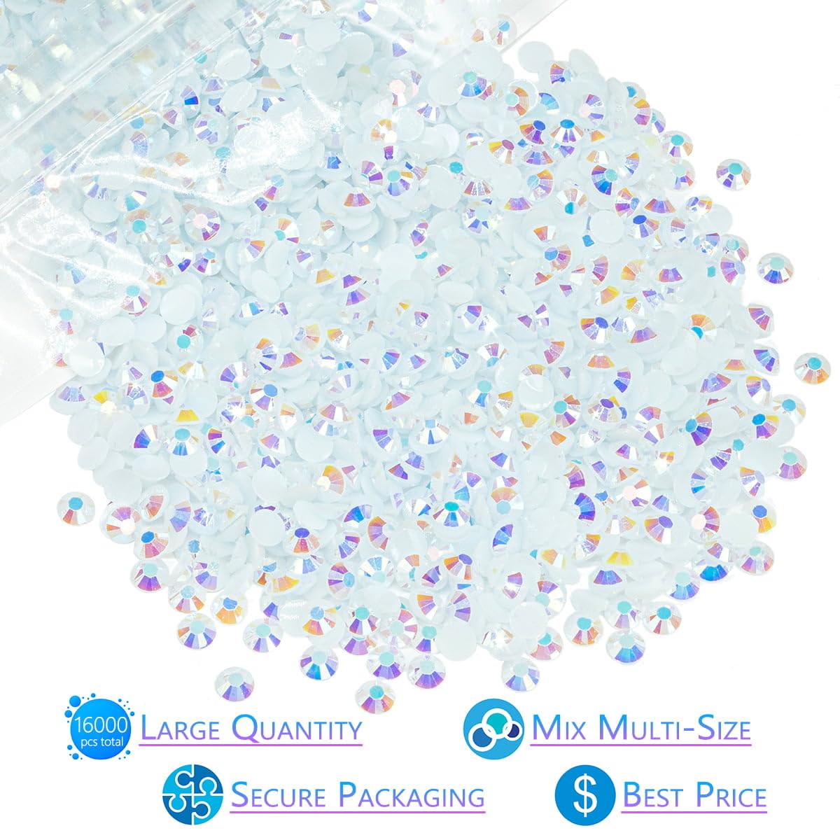 16000PCS 3mm 4mm 5mm White AB Resin Rhinestones for Crafting SS10 SS16 SS20 Flatback Jelly Stones Bulk Non-Hotfix Diamonds Crystals Gems Charms for Nails Face Eyes Makeup Mugs Tumblers Bottles Crafts