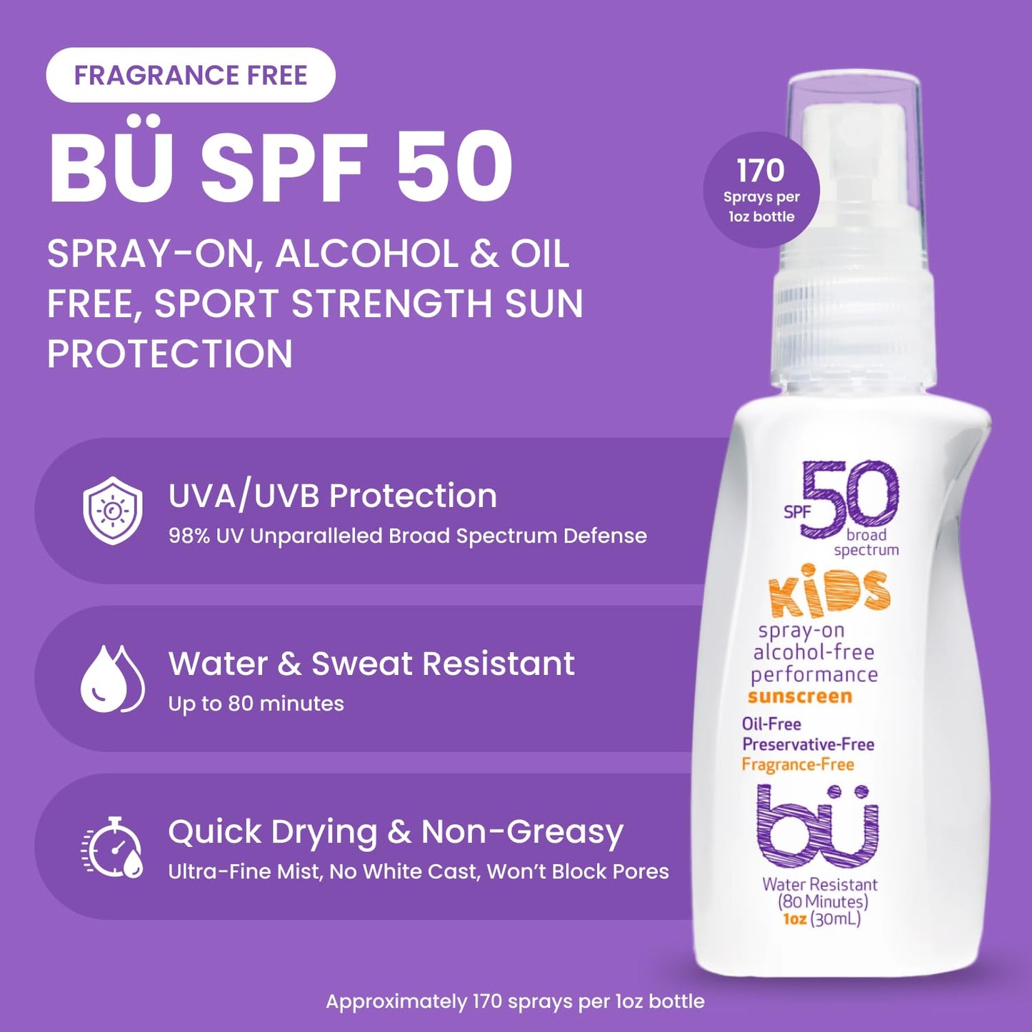 BU SPF 50 Kids Sunscreen Spray for Face and Body, Non Aerosol Spray, Fragrance Free, Clear, Non Greasy, Water Resistant, Fragrance Free 1 oz (3 Pack)