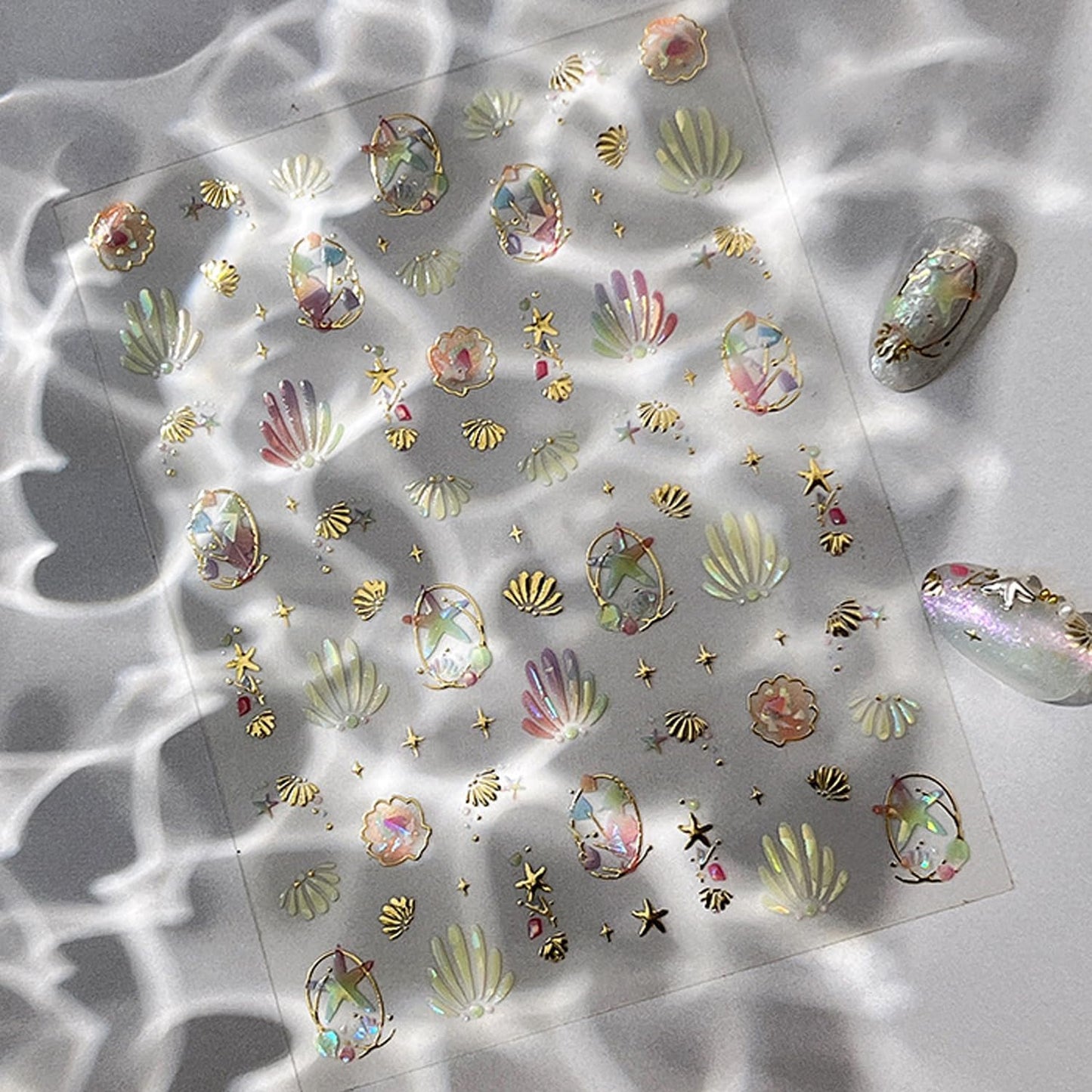 Summer Nail Stickers Starfish Nail Decals 3D Self-Adhesive Shiny Starfish Shell Nail Art Design Sticker Ocean Theme Nails Supplies Decoration Accessories for Women Acrylic Nails