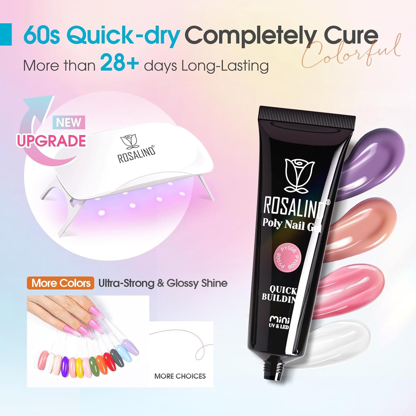 ROSALIND 20 Colors Poly Nail Gel Kit with Mini Nail Lamp Glitter Poly Nail Gel Kit Collection with Tools Clear All Seasons Classic Colors Halloween Starter Kit