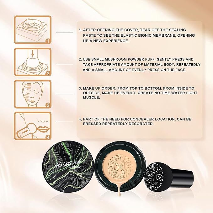 Mushroom Head Air Cushion CC Cream - Oil Control & Moisturizing Concealer Makeup Base, Brighten Long - Lasting Even Color Correcting Concealer Full Coverage for All Skin Types (Nude)