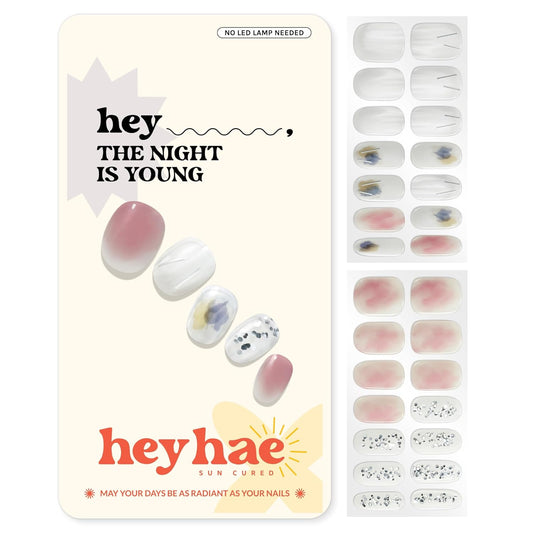 Semi Cured Gel Nail Strips | No LED Lamp Needed | Glam, Pink, Spring | Easy Apply & Remove, Salon Quality | Includes 28 Strips, 1 Prep Pads, Nail File & Wooden Stick - Hey, The Night is Young