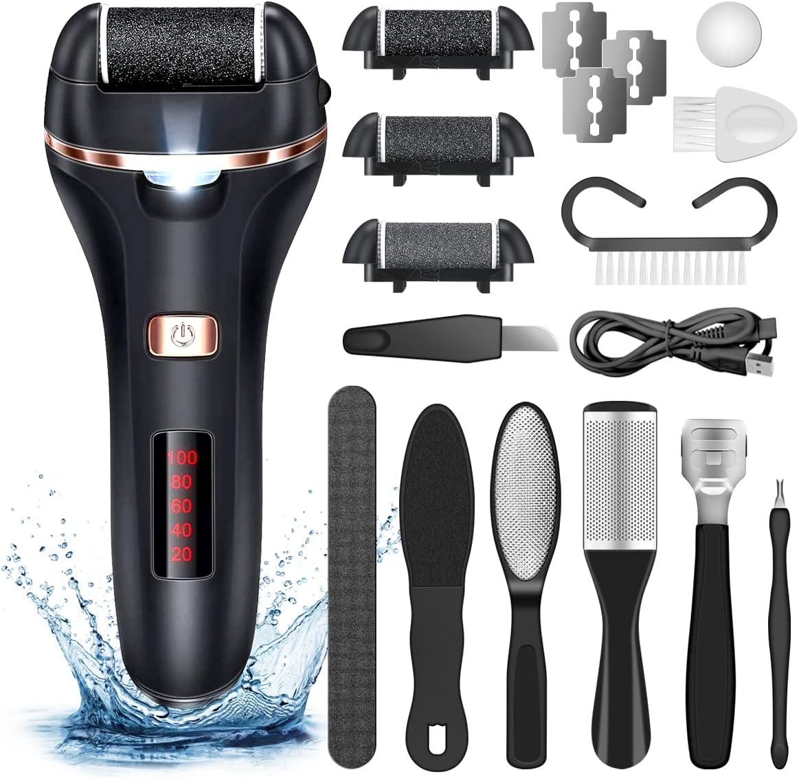 Electric Callus Remover for Feet,Rechargeable Foot File Hard Skin Remover,Waterproof 14 in1 Professional Pedicure Kit for Cracked Heels &Dead Skin,with 3 Roller Heads 2 Speed