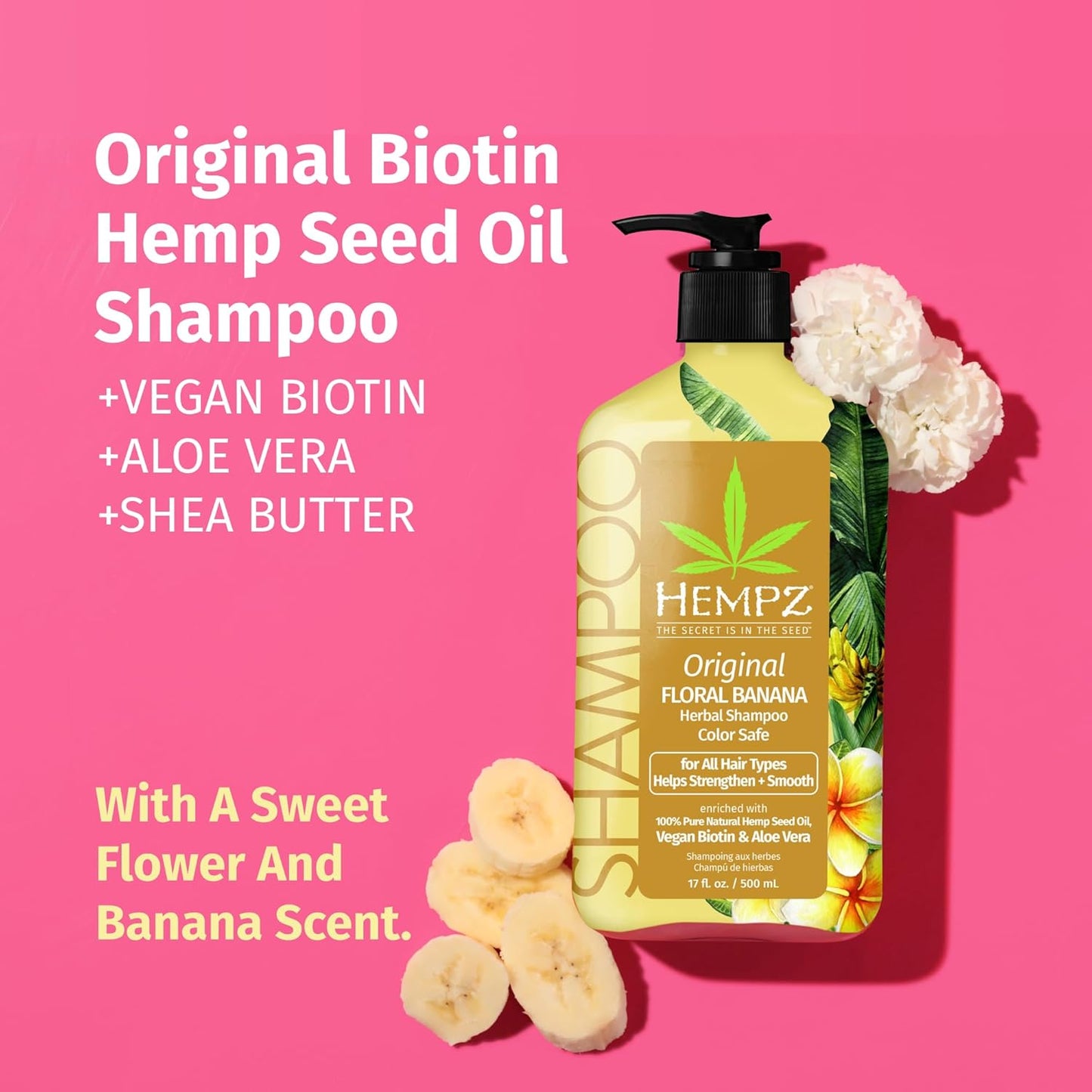 Hempz Biotin Hair Shampoo - Original Light Floral & Banana - For All Hair Types Growth & Strengthening of Dry, Damaged and Color Treated Hair, Hydrating, Softening, Moisturizing - 17 Fl OZ