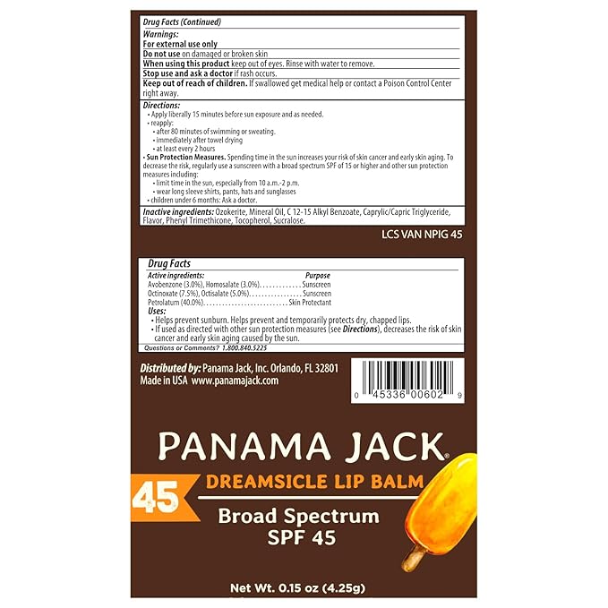 Panama Jack Sunscreen Lip Balm - SPF 45, Broad Spectrum UVA-UVB Sunscreen Protection, Prevents & Soothes Dry, Chapped Lips, Dreamsicle, 2-pack