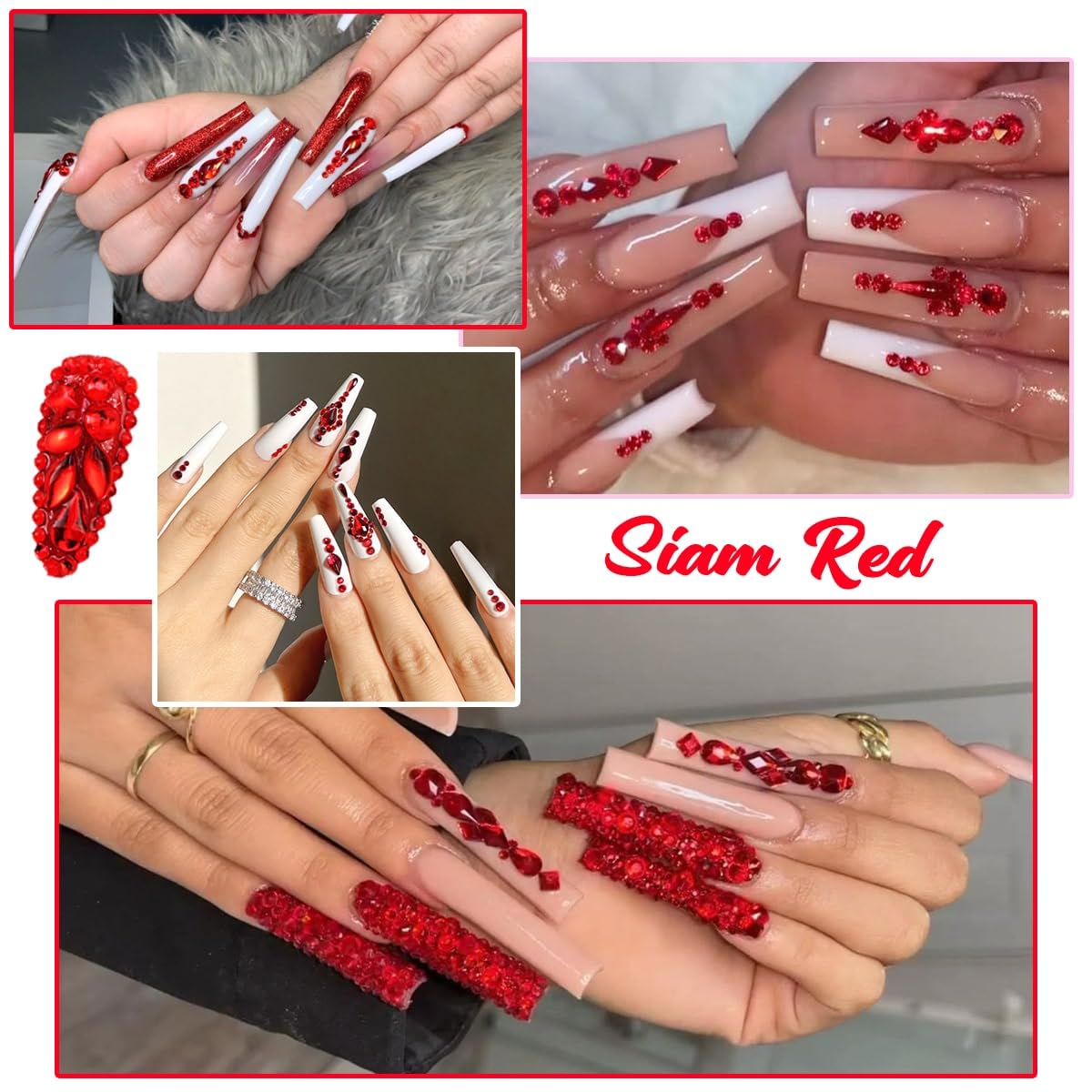 4 Boxes Siam Red Nail Rhinestones and Glitters, 24 Shapes K9 Glass Ruby Red Gems Flatback Round Stones Diamonds Crystals Nail Art Charms Supplies for Acrylic Nails Face Eyes Makeup DIY Crafts Clothes