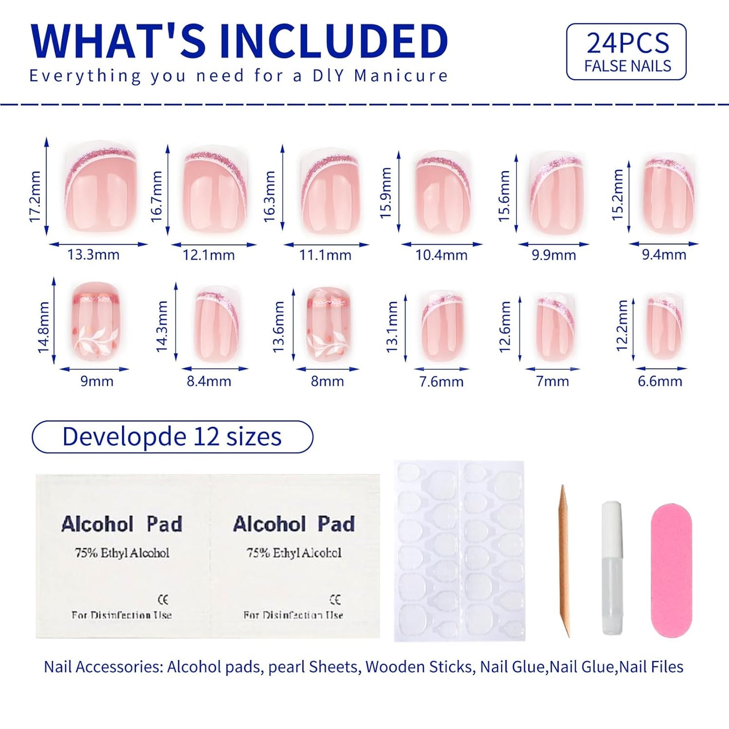 French Press On Nails Short Square, Nude Fake Nails with White French Tip and Minimalist Purple and Gold Line Design, Glossy Gel Finish Acrylic Nails, Natural Reusable Glue On Nails Kit for Women