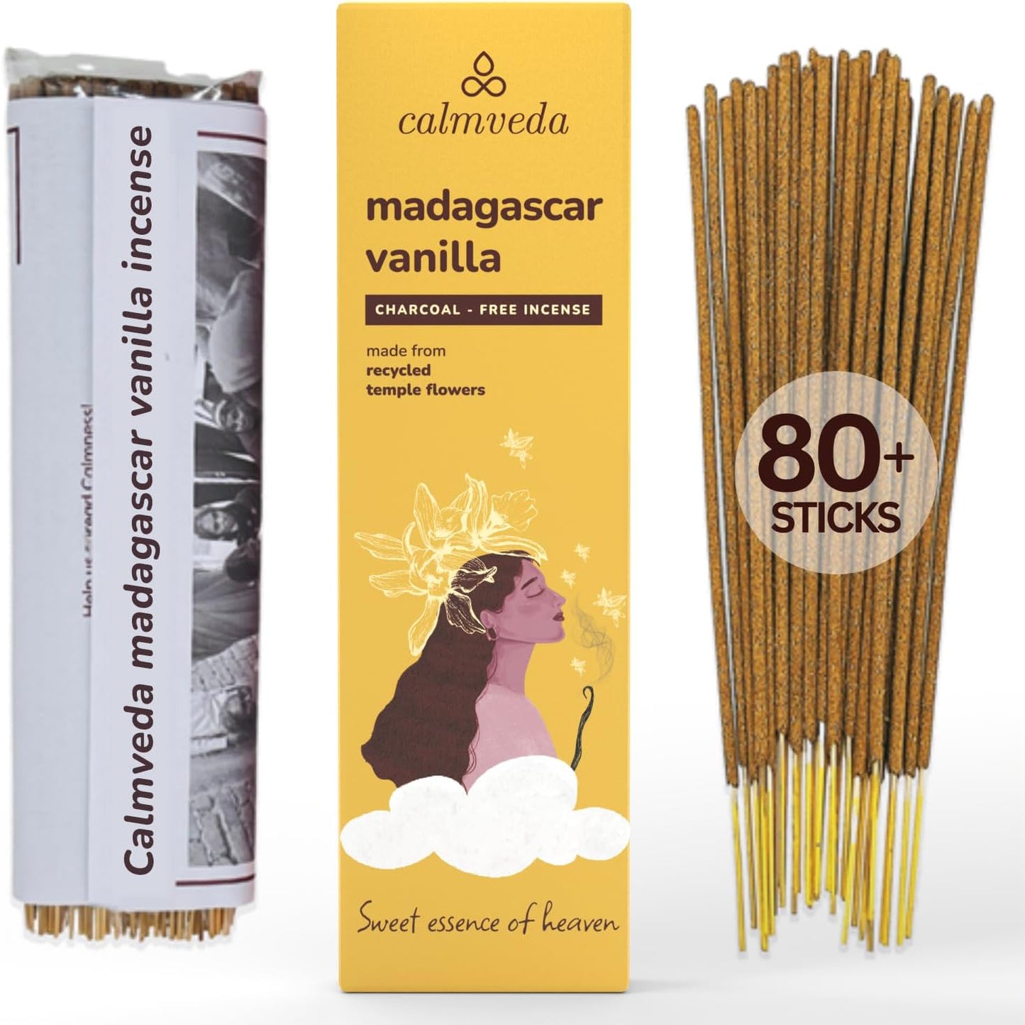 Madagascar Vanilla Incense Sticks Warm - (80 Scent Sticks) Charcoal Free, Made from Upcycled Flowers | Sweet, Cozy-Warm & Earthy Notes | Relaxing Incense & Healing Incense Sticks