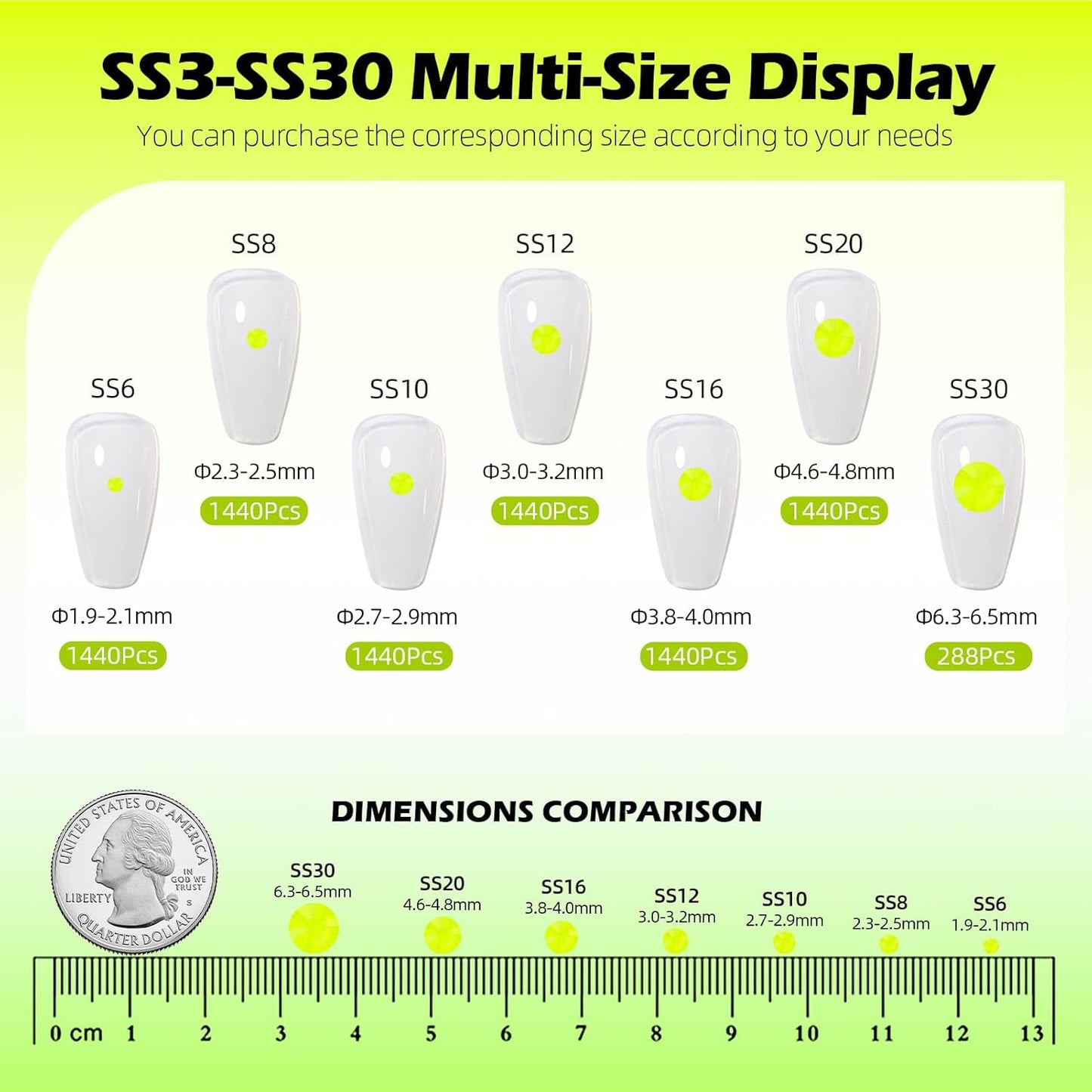 Neon Yellow Flatback Rhinestones, Glass Rhinestones for Nail Art and Craft, Glue Fix, Loose Crystal Gemstones(Neon Yellow, SS20, 1440pcs, 4.6-4.8mm)