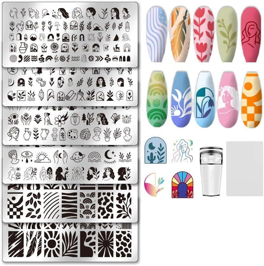 UNICRAFTALE 6Pcs Nail Stamp Plates Set Abstract Lady Face Nail Stamping Plate Boho Plant Stamp Templates Image Nail Stencils Nail Art Plates with Nail Scraper for Women DIY Nail Design Tools