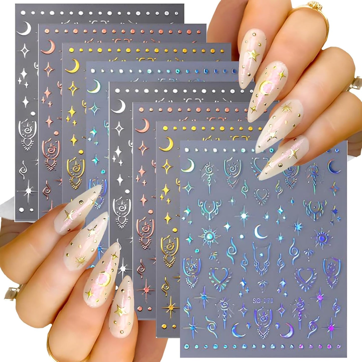 Sun Star 12 Sheet Nail Stickers - 3D Self-Adhesive Decals in Four Colors - Love Heart Nail Art Design Charms for Women & Girls