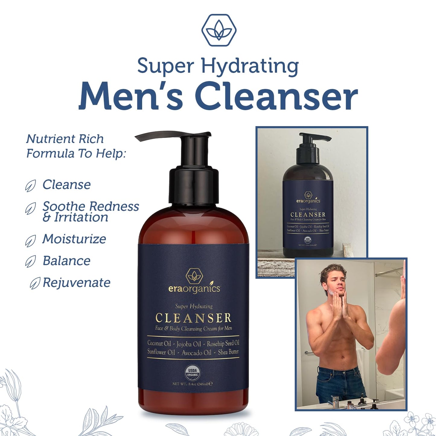 Era Organics USDA Organic Men's Face Wash - Nourishing, Hydrating Facial, Body Cleanser for Smoother Skin