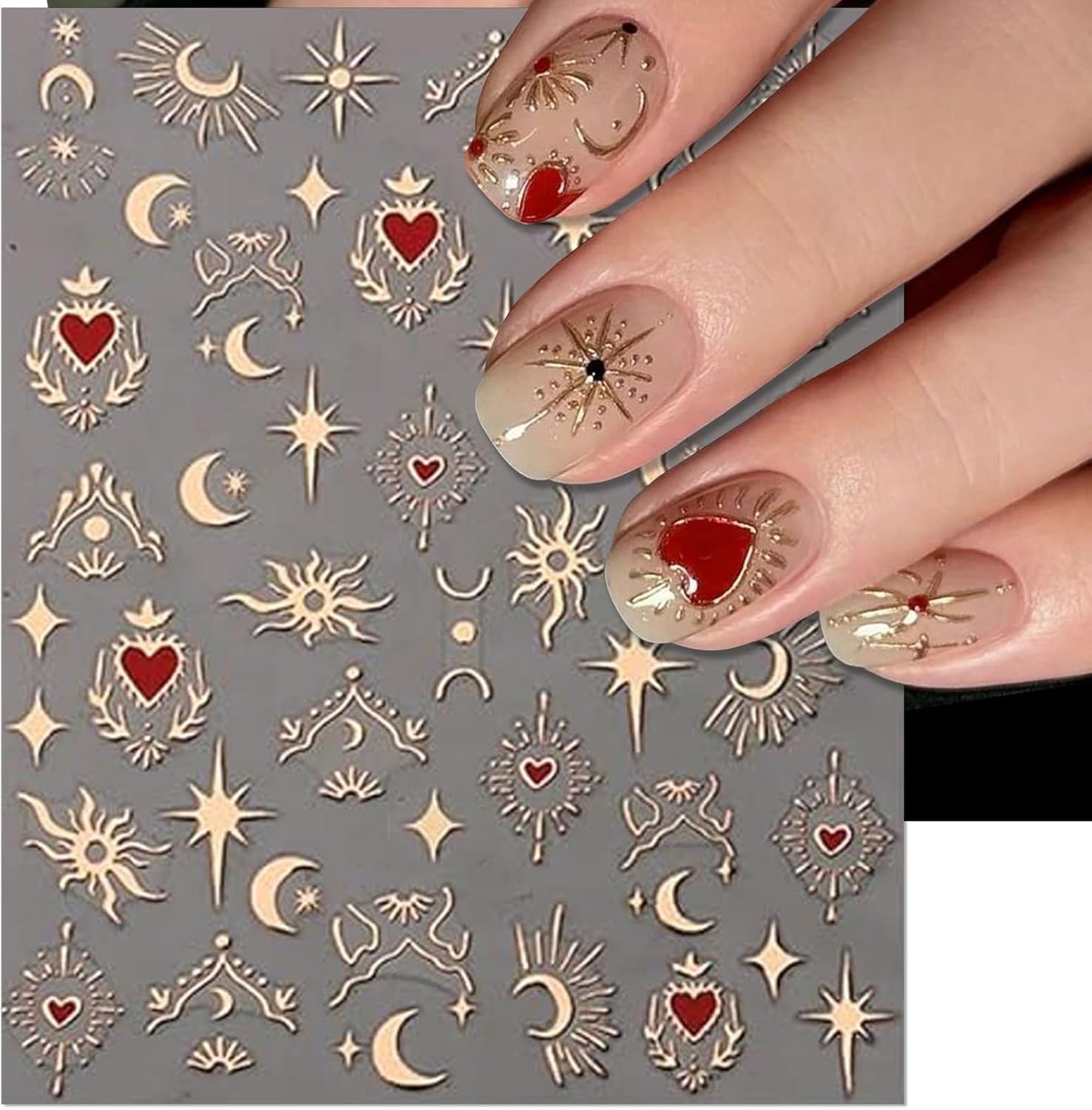 9 Sheets Gold Heart Nail Art Stickers - Valentines Day Self-Adhesive 3D Nail Decals for DIY Golden Silvery Manicure