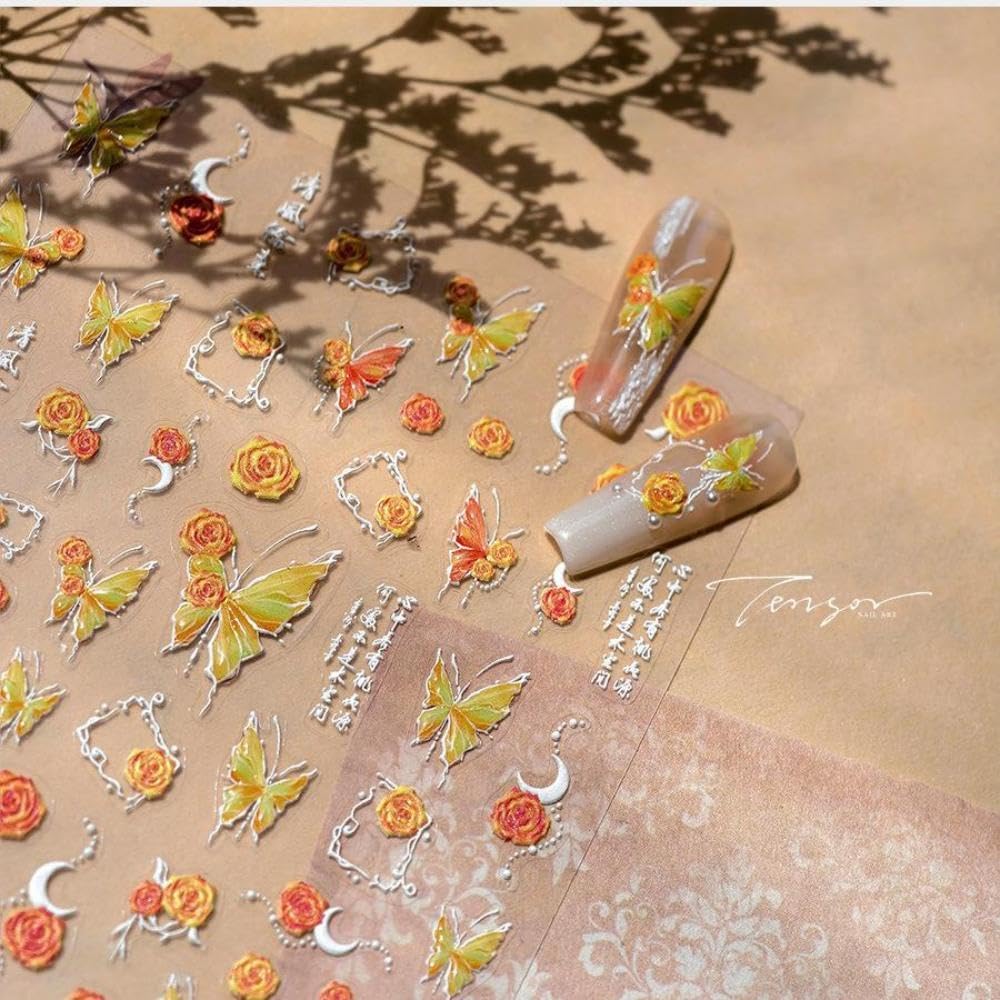 Orange Nail Stickers Butterfly Flower Nail Art Decals 5D Embossed Slf Adhesive with Design Nails Charms for Women Girls Kid Manicure DIY Decoration