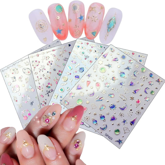 4 Sheets Star Sun Moon Nail Art Stickers 3D Holographic Self Adhesive Glitter Colorful Floral Nail Stickers Sparkly Heart Gems Design Nail Supplies for Women and Girls DIY Manicure Decoration