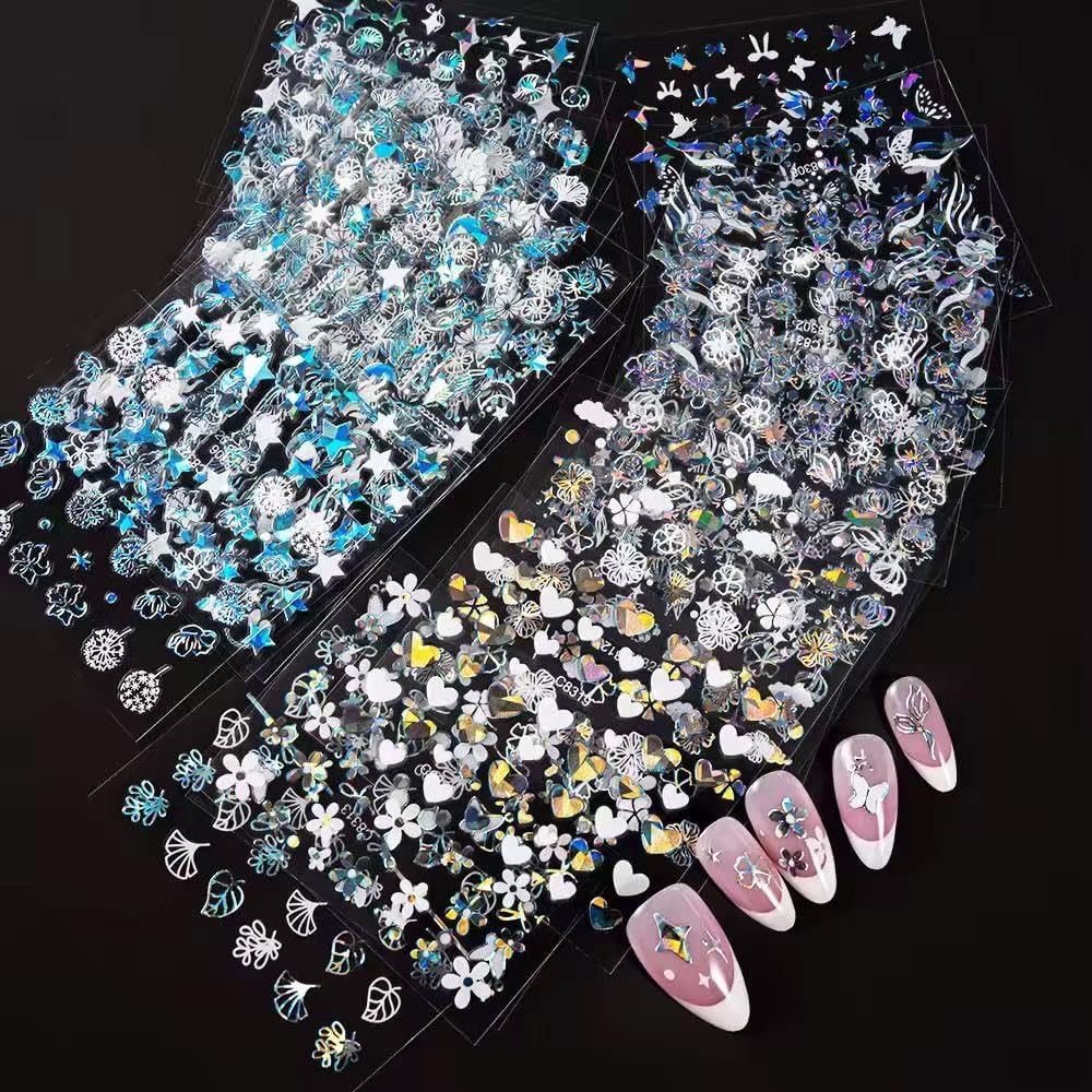 30 Sheets Aurora Flower Nail Art Stickers 3D Self Adhesive Flower Nail Stickers Aurora Moon Star Nail Decals Leaf Heart Nails Art Supplies Charms for Women Manicure Tips Decoration