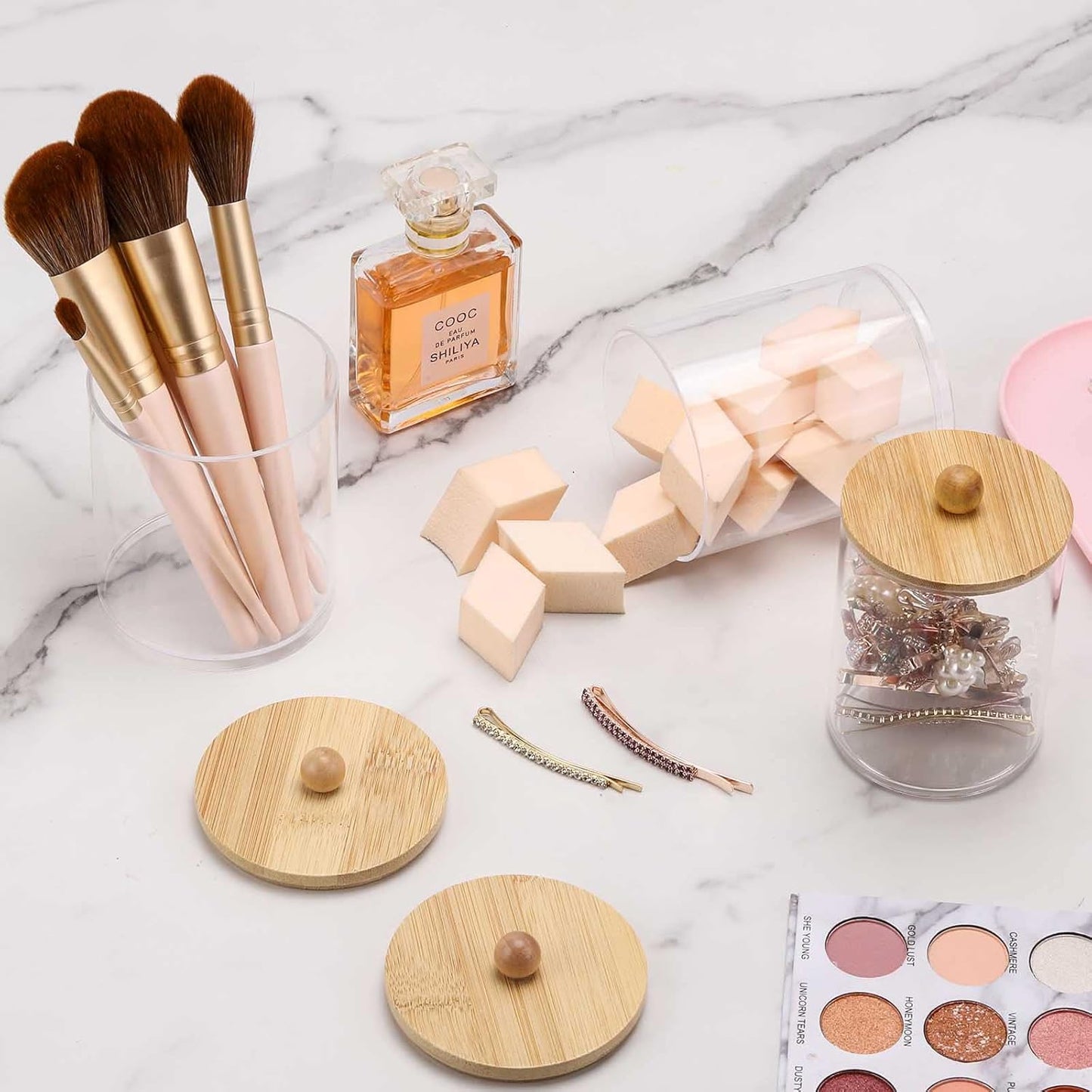 Tbestmax 4 Pack Qtip Holder Dispenser Cotton Ball, Cotton Swab, Floss - 12oz, 10 oz Clear Plastic Apothecary Jars for Bathroom Organizer and Storage Containers (Bamboo Lids)