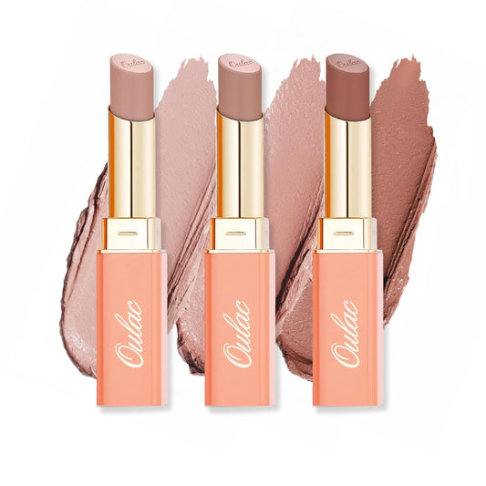 Oulac Beige Nude Satin Lipstick Set - Matte Lip Base, Full Coverage Lip Color, Satin Matte Finish, Cream Texture, Hydrating, Infused with Hyaluronic Acid, 4g*3 SG01+SG02+SG04