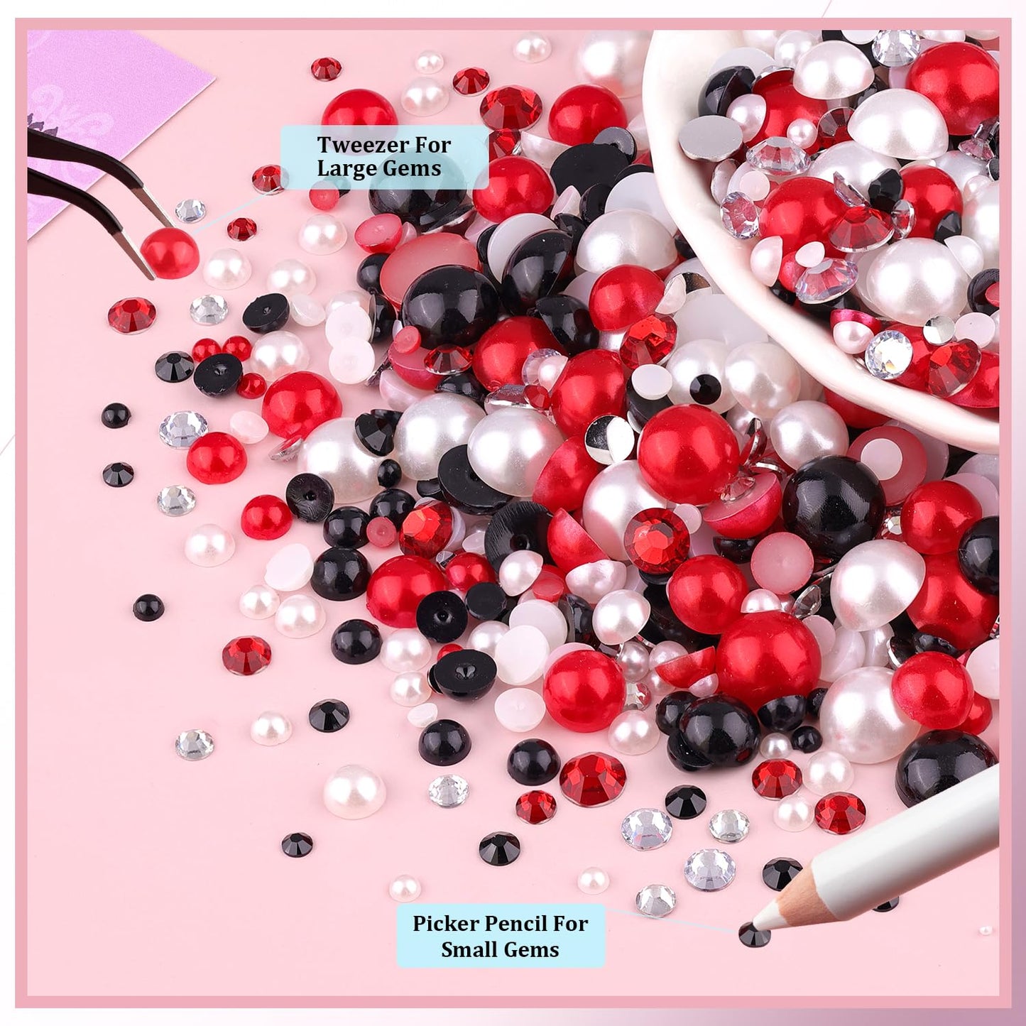 9000Pcs Flatback Pearls and Rhinestones for Crafting, Red White Black Mixed Size 3-8mm Resin Rhinestones and Half Pearls for Bedazzling, Nail Art and Decoration with 3pcs B7000 Jewelry Glue