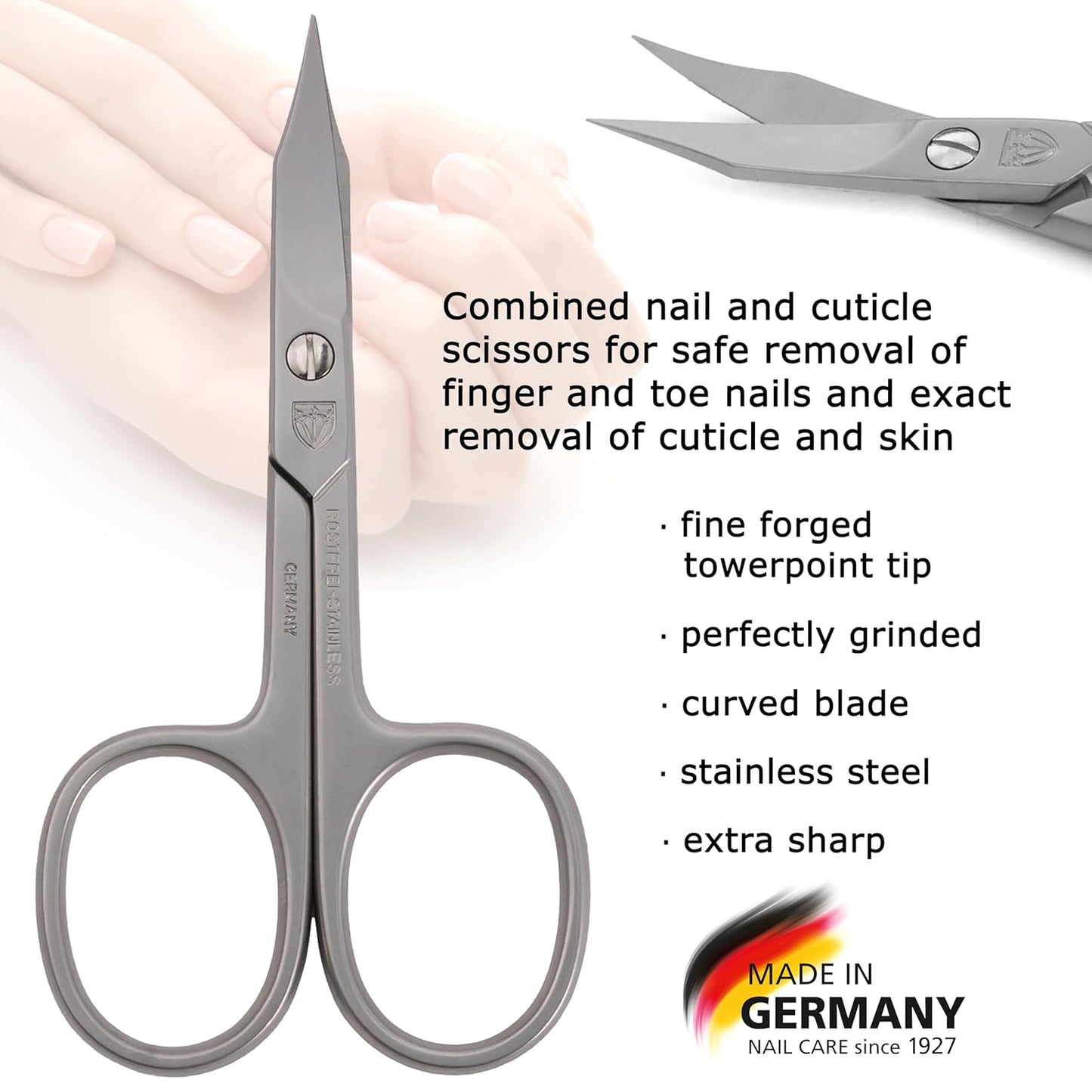 3 Swords Germany - brand quality STAINLESS STEEL INOX CURVED COMBINED CUTICLE & NAIL SCISSORS (1 PIECE) with case for manicure pedicure - nail care by 3 Swords - Made in Germany
