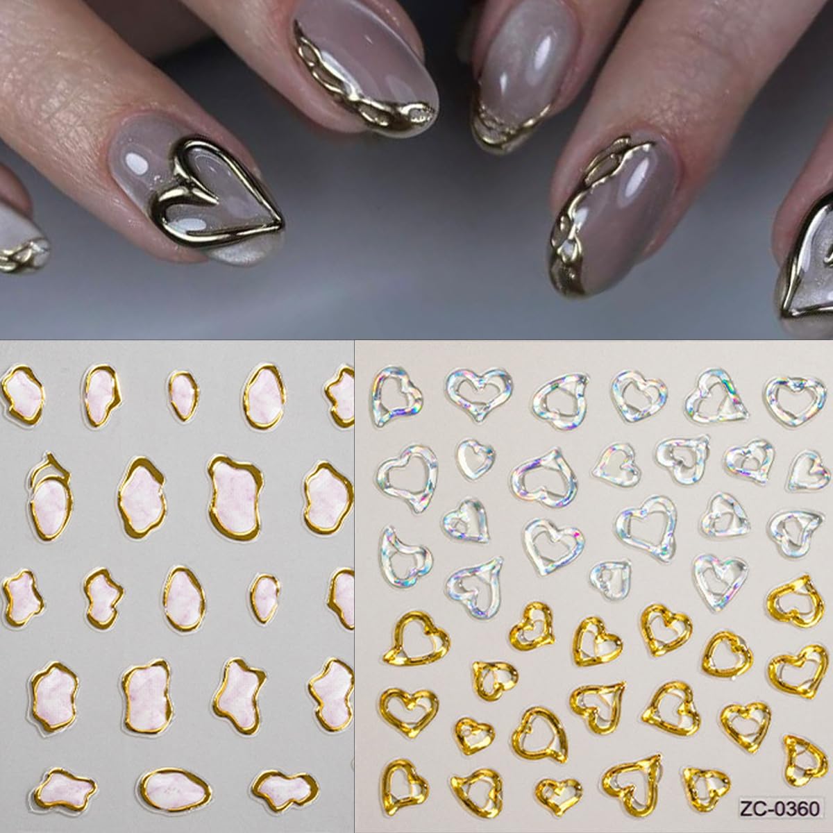 5D Embossed Gold Nail Art Stickers Crystal Soft Glue Irregular Geometric Coil Heart Nail Decals Self Adhesive Chrome Gold French Nail Stickers for Women DIY Nail Art Design Accessories 3 Sheets