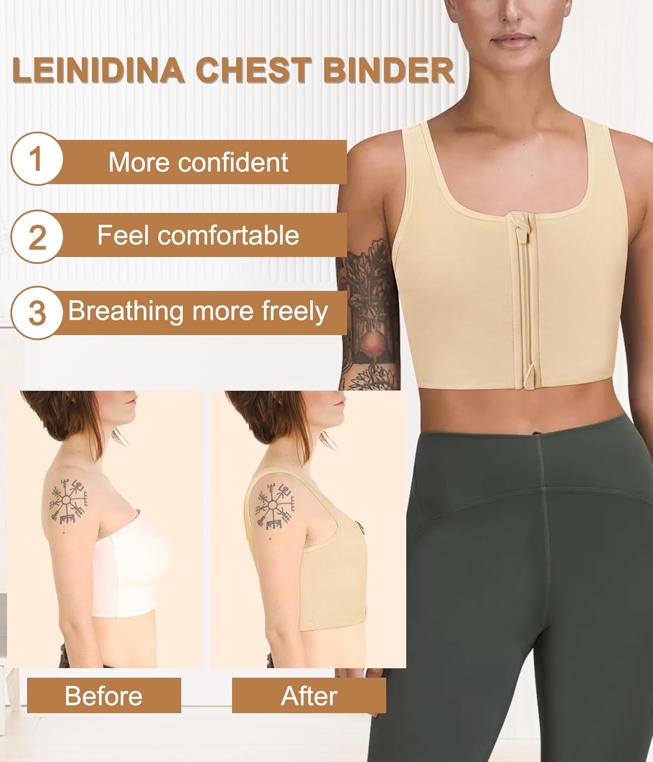 LEINIDINA Chest Binder Tomboy Transgender FTM Square Collar with Front Zipper Binder Bra Tank Top