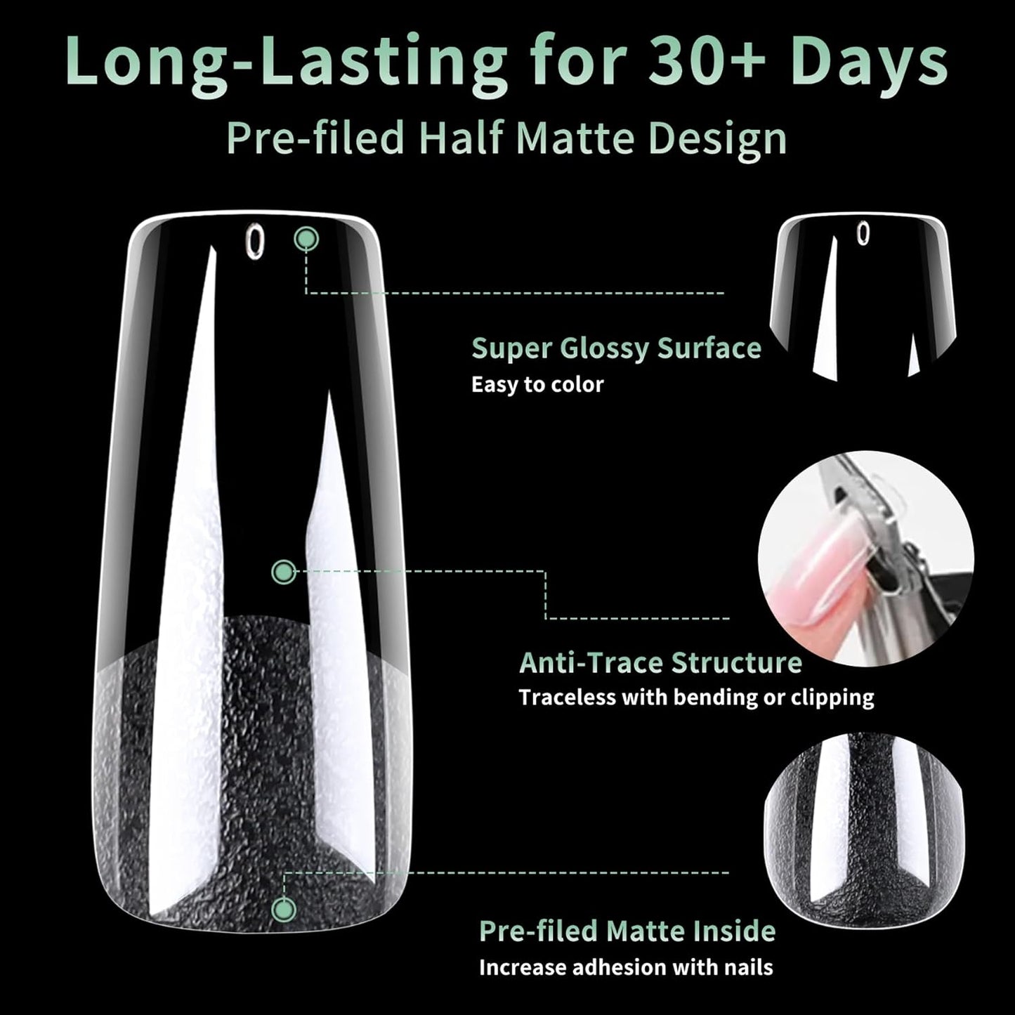 Long Square Nail Tips, 216pcs Acrylic Fake Nails Gel Nail Tips Soft, Full Cover Pre-Shaped Matte Clear Press on Nails for Extension, Diy at Home Manicure 10 Sizes