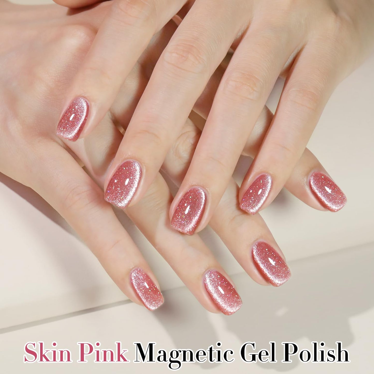 Double Rhythm 15ML Ice Glass Cat Eye Gel Polish with Magnet Holographic Glitter Shimmer Translucent Sheer Color Salon Soak Off Magnetic Nail at Home (Skin Pink-MC1065)