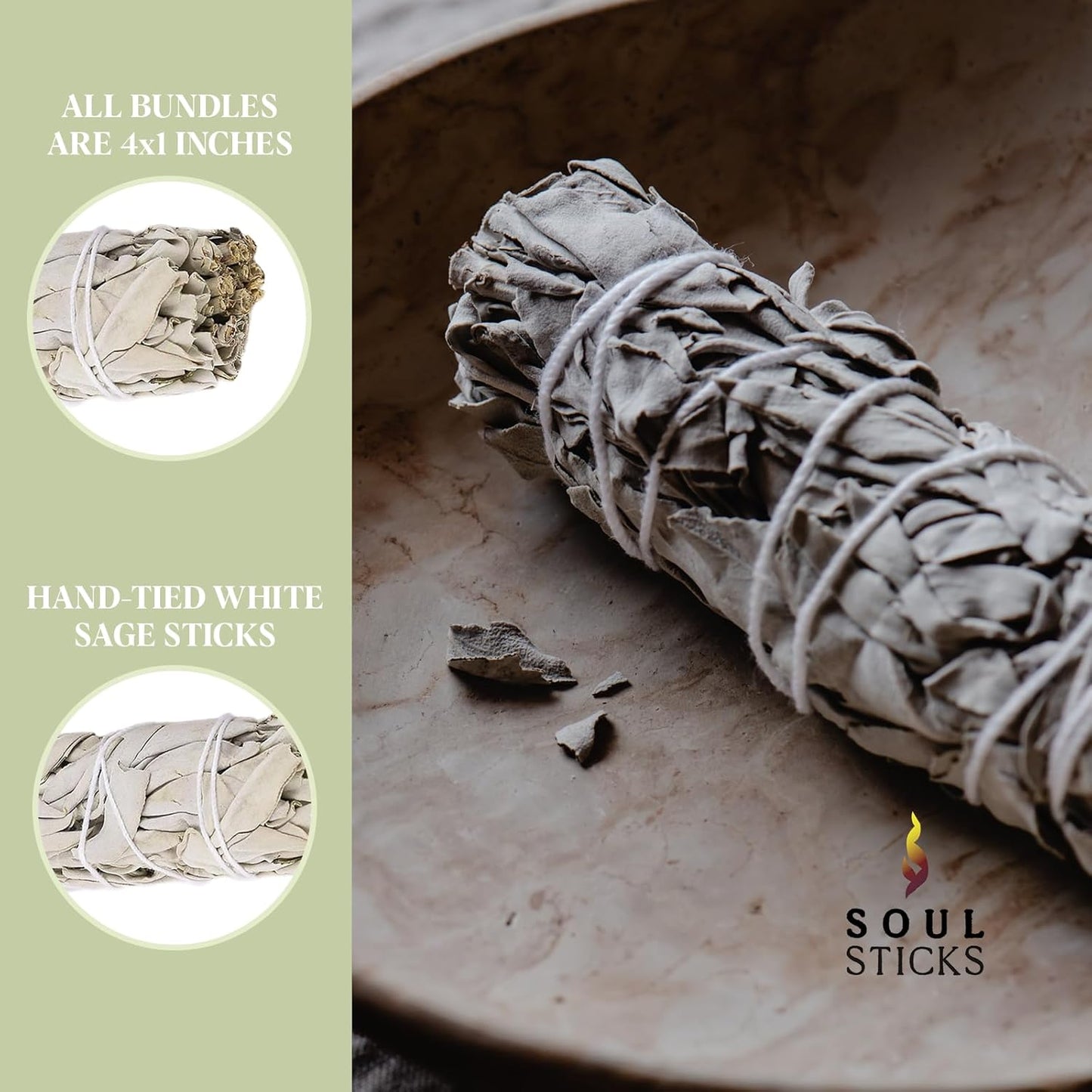 SOUL STICKS 6 Inch 6-Pack Organic California White Sage Smudge Sticks Bulk for Home Cleansing, Negative Energy Removal, Good Energy Meditation & Smudging Rituals | Pure Sage Bundles