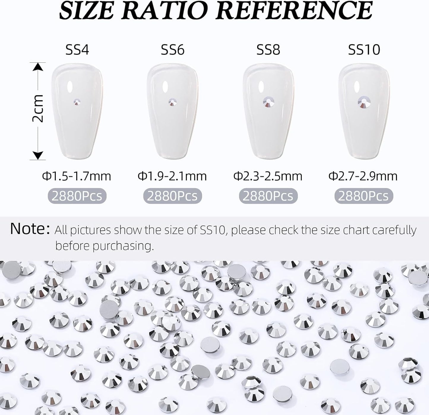 Silver Flatback Rhinestones, Glass Rhinestones for Nail Art and Craft, Glue Fix, Loose Crystal Gemstones(Silver, SS10, 2880pcs, 2.7-2.8mm)