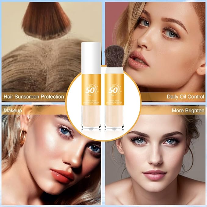 Mineral Sunscreen Setting Powder, SPF 50++ Mineral Setting Powder Sunscreen for Face with Soft Brush Powder Sunscreen for Scalp Matte Face Powder (1PC, 1.02 * 1.02 * 4.29)