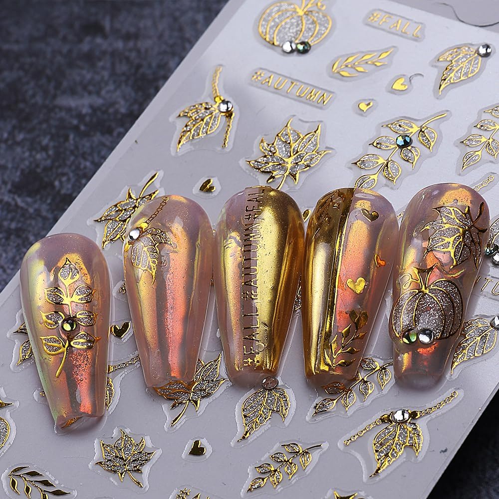 3 Sheets Fall Gold Nail Stickers for Nail Art Cute Gold Pumpkin Nail Decals Autumn Maple Leaf Nail Art Stickers 5D Self-Adhesive Glitter Thanksgiving Day Nail Decoration for Women Nails Design