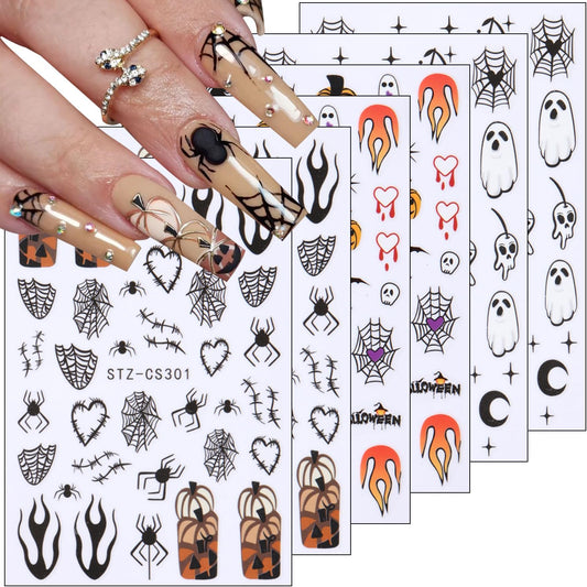 6 Sheets Halloween Nail Stickers 3D Self Adhesive Gothic Spooky Spider Web Stitch Spider Nail Design Supply Halloween Nail Art Stickers Supply Pumpkin Ghost Nail Decals for Women DIY Manicure Tips