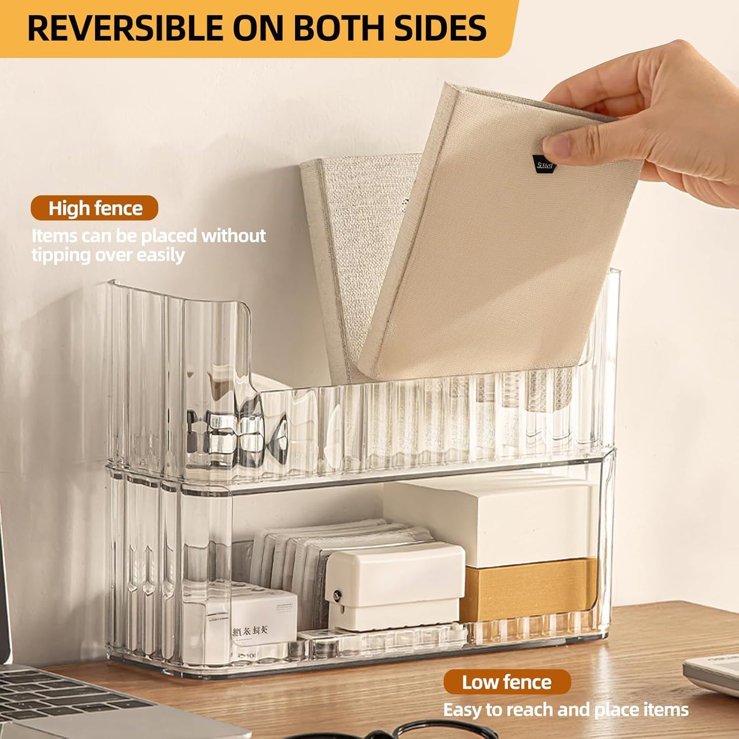 2-Tier Stackable Medicine Cabinet Organizer, Narrow Bathroom Makeup Organizer with Lipstick Holders & Cotton Swab Cases, Clear Countertop Shelf for Mirror Cabinet and Vanity