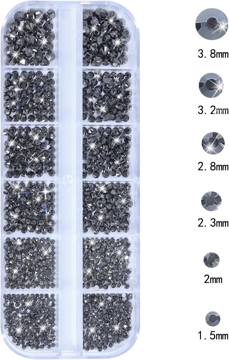 Nail Rhinestones - 3D Multi Shape Size, Flat Back, Crystals Manicure Rhinestones Charms, Mineral Gray Nail Gems, with Kit, for Nail Art, Bedazzling Acrylic Nails, DIY Decor