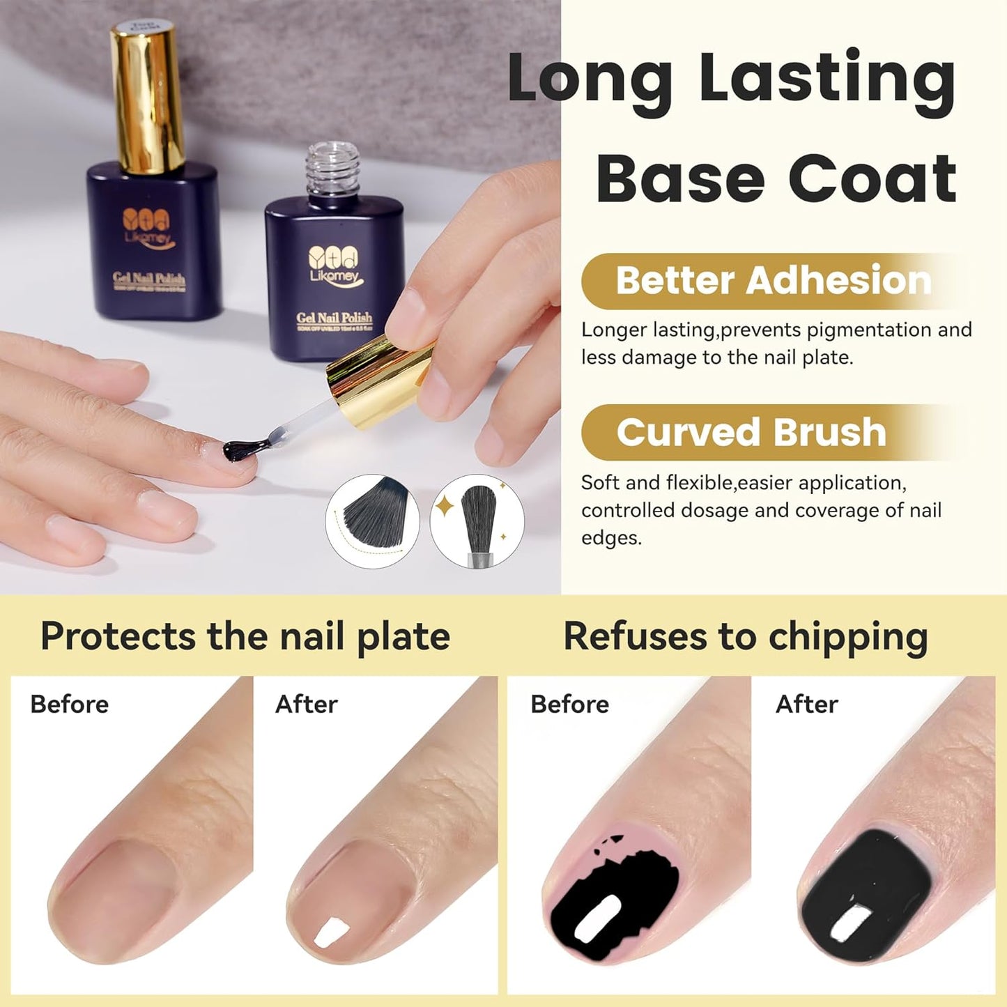 YTD Likomey Gel Nail Polish Base and Top Coat Set,2 Pcs 15ml Shine Gloss Nail Gel No Wipe Top Coat and Base Coat Kit