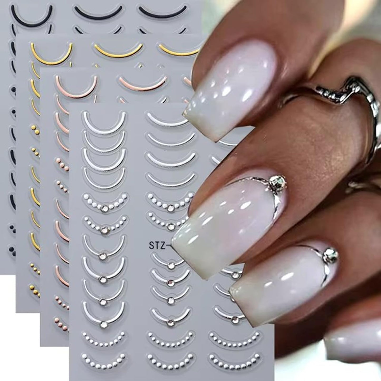 4 Sheets French Tip Nail Art Stickers Luxury Crystal Rhinestones with Stripe Lines French Gold Silver Rose Black Design 3D Nail Supplies for Women Girls DIY Manicure Art Accessories Metallic Set