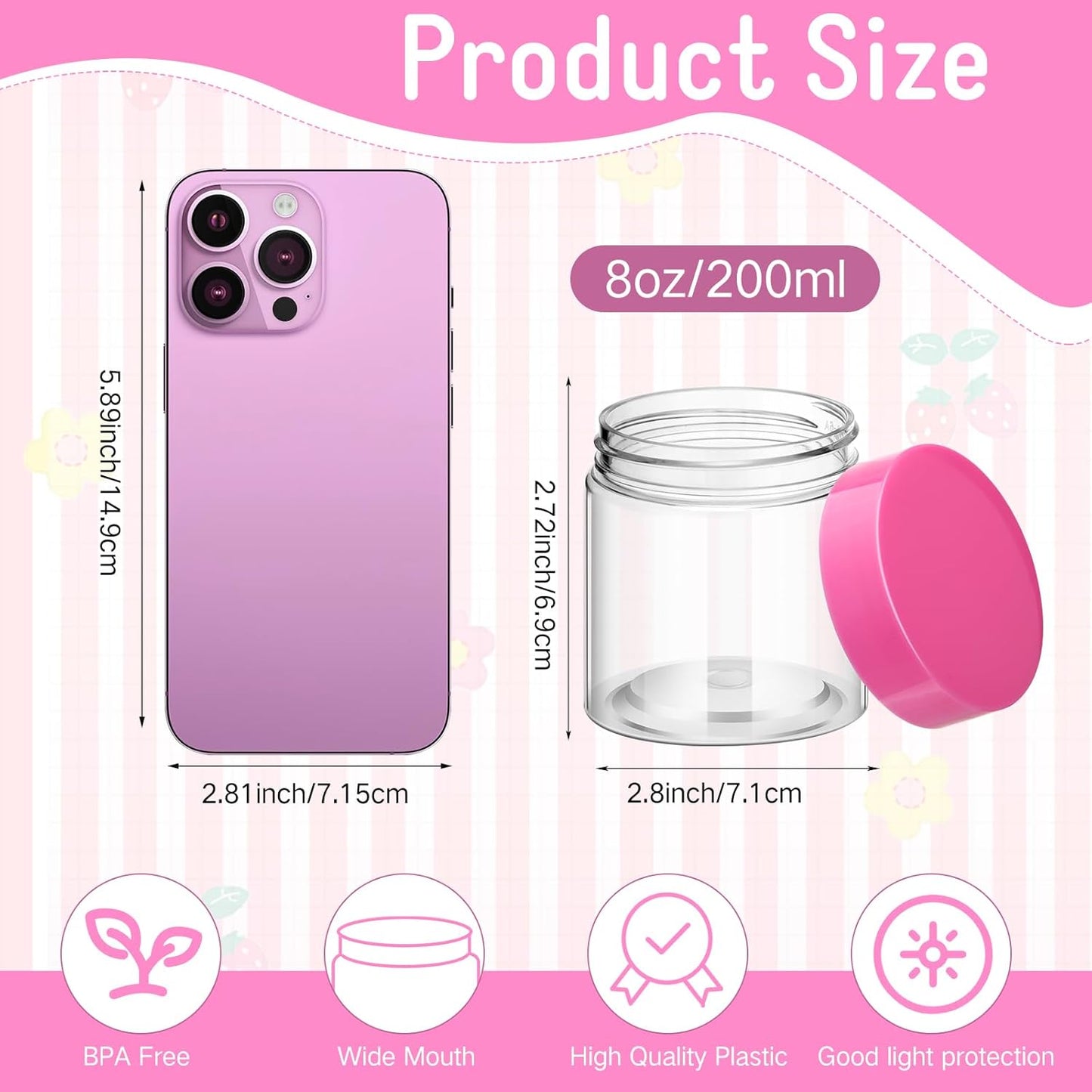 SATINIOR 100 Pcs Plastic Jars with Lids Small Containers Lids Wide Mouth Small Plastic Containers for Lotion Cream Rhinestones Body Butters Travel Storage(8 oz, Pink)